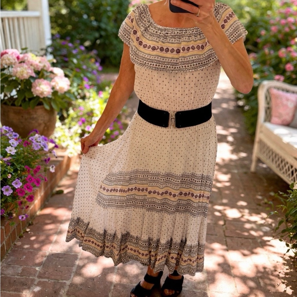 Off-Shoulder Bohemian Maxi Dress in Cream and Black - Picture 2 of 9